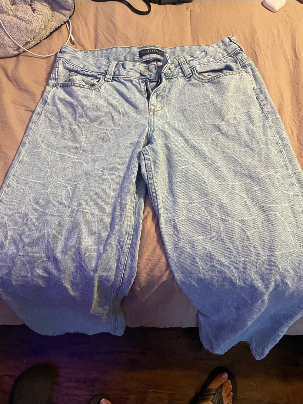 Light Blue Wide-Leg Jeans with Subtle Tonal Pattern